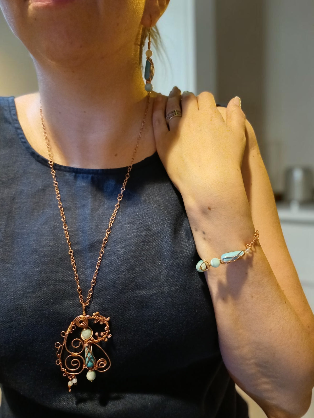 Handmade Copper Jewelry Set – Turquoise, Aquamarine & Agate