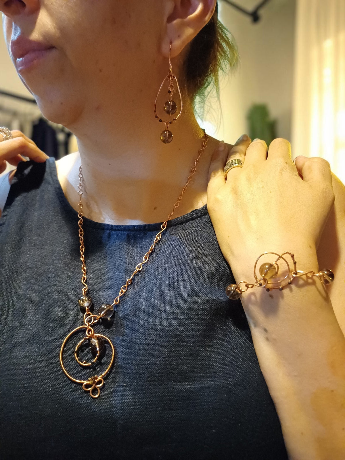 Handmade Copper & Smoky Quartz Jewelry Set – Organic Wire Wrapped Statement Necklace & Earrings