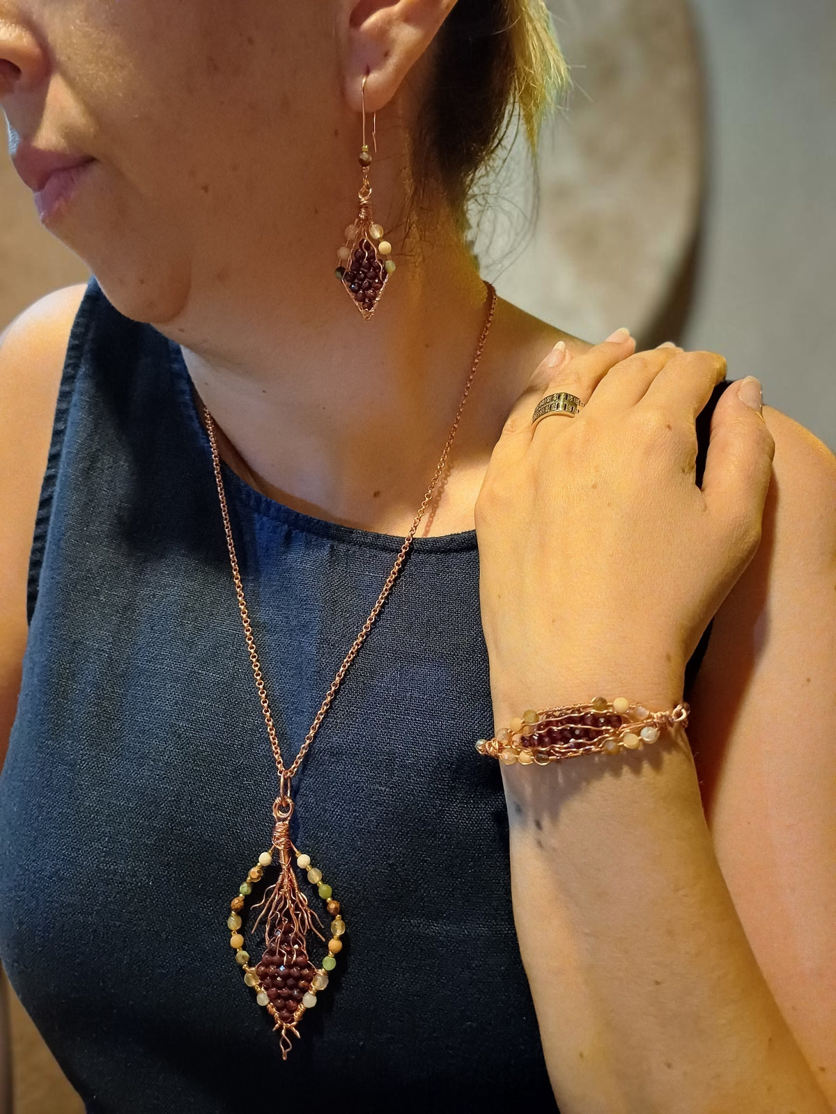 Handmade Copper Leaf Jewelry Set – Garnet & Agate (3-Piece)
