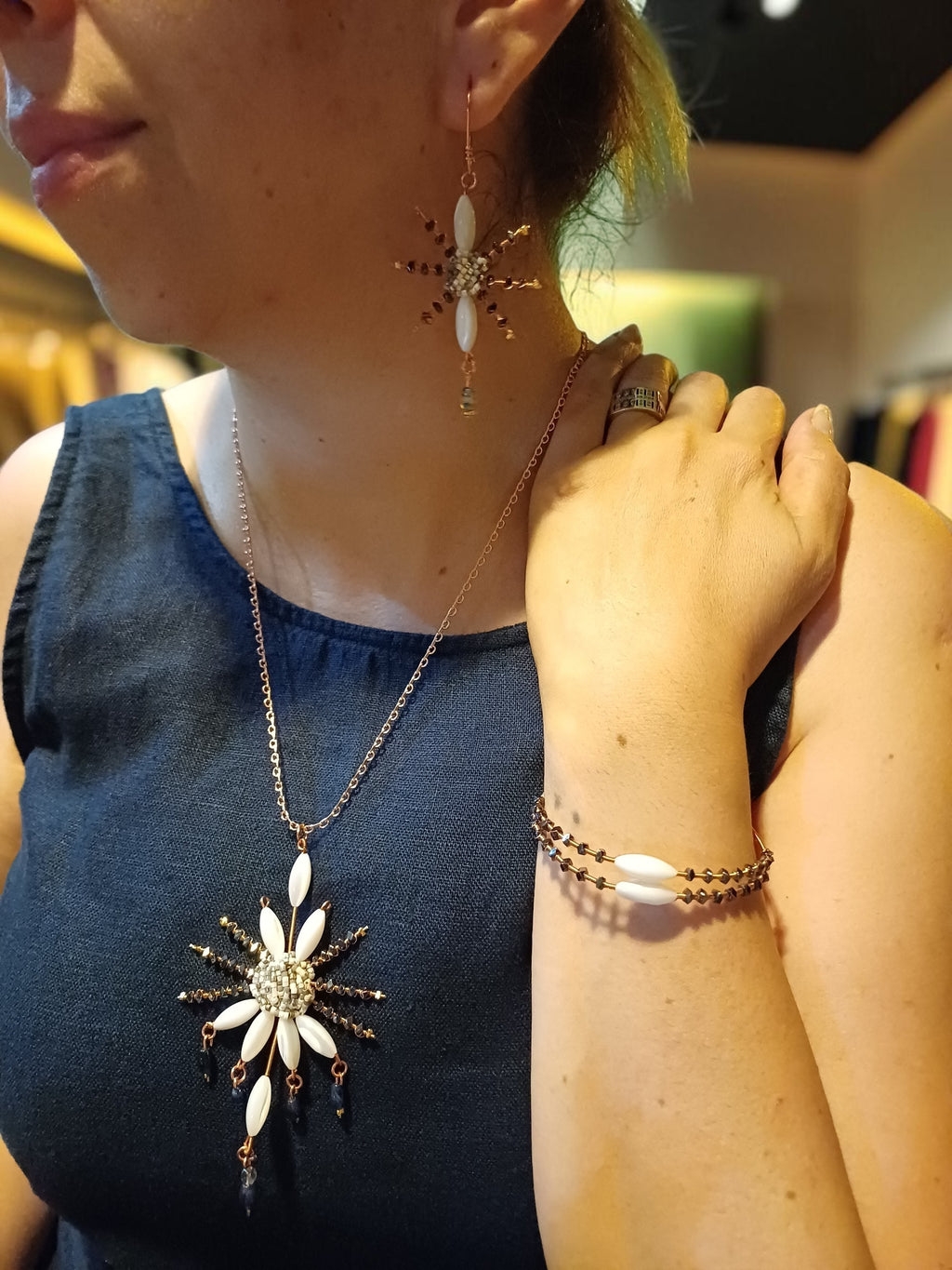 Handmade Copper Jewelry Set – Star Design with Mother-of-Pearl, Hematite & Agate