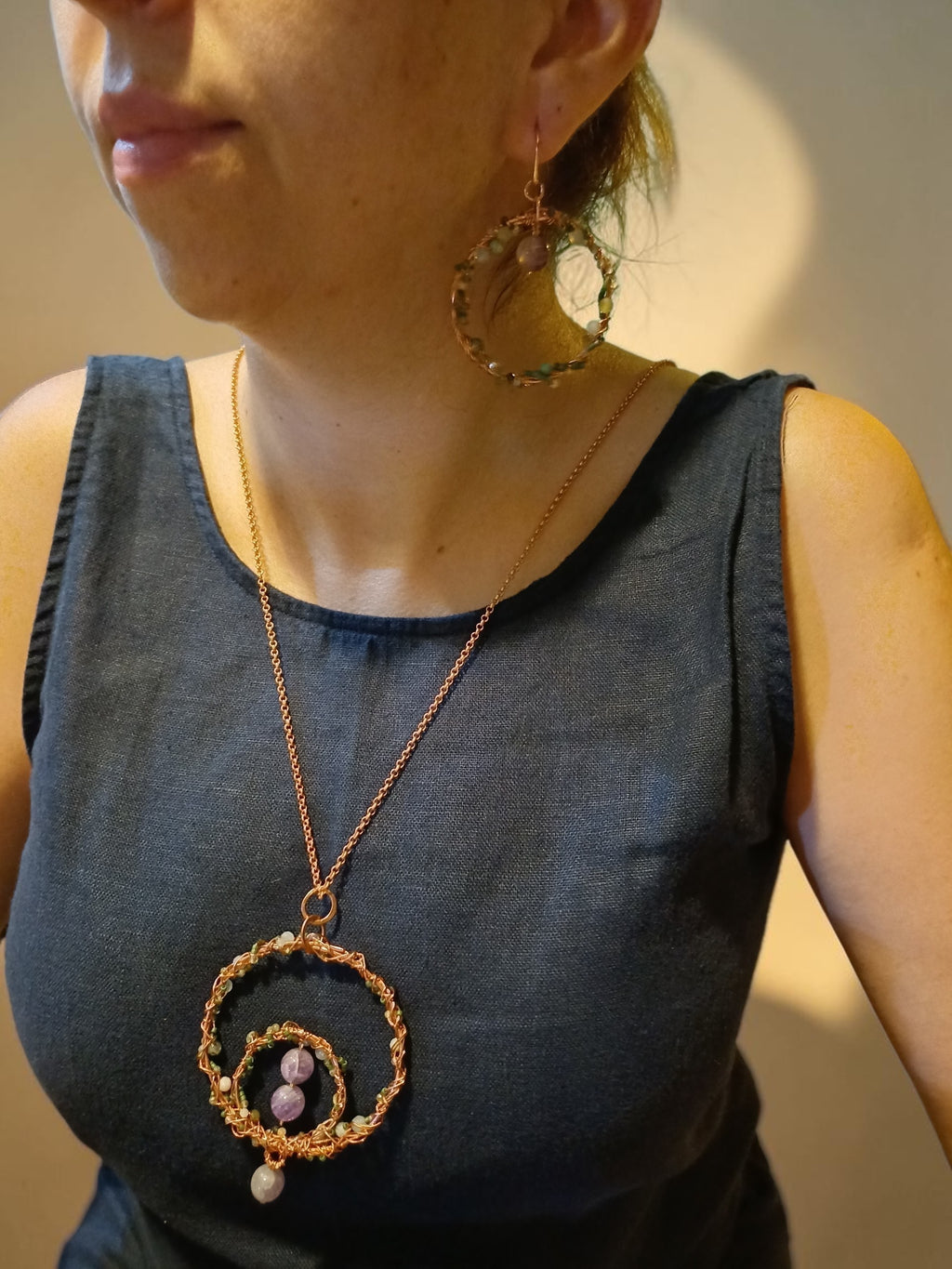 Handmade Copper Necklace & Earrings Set – Green Agate & Amethyst