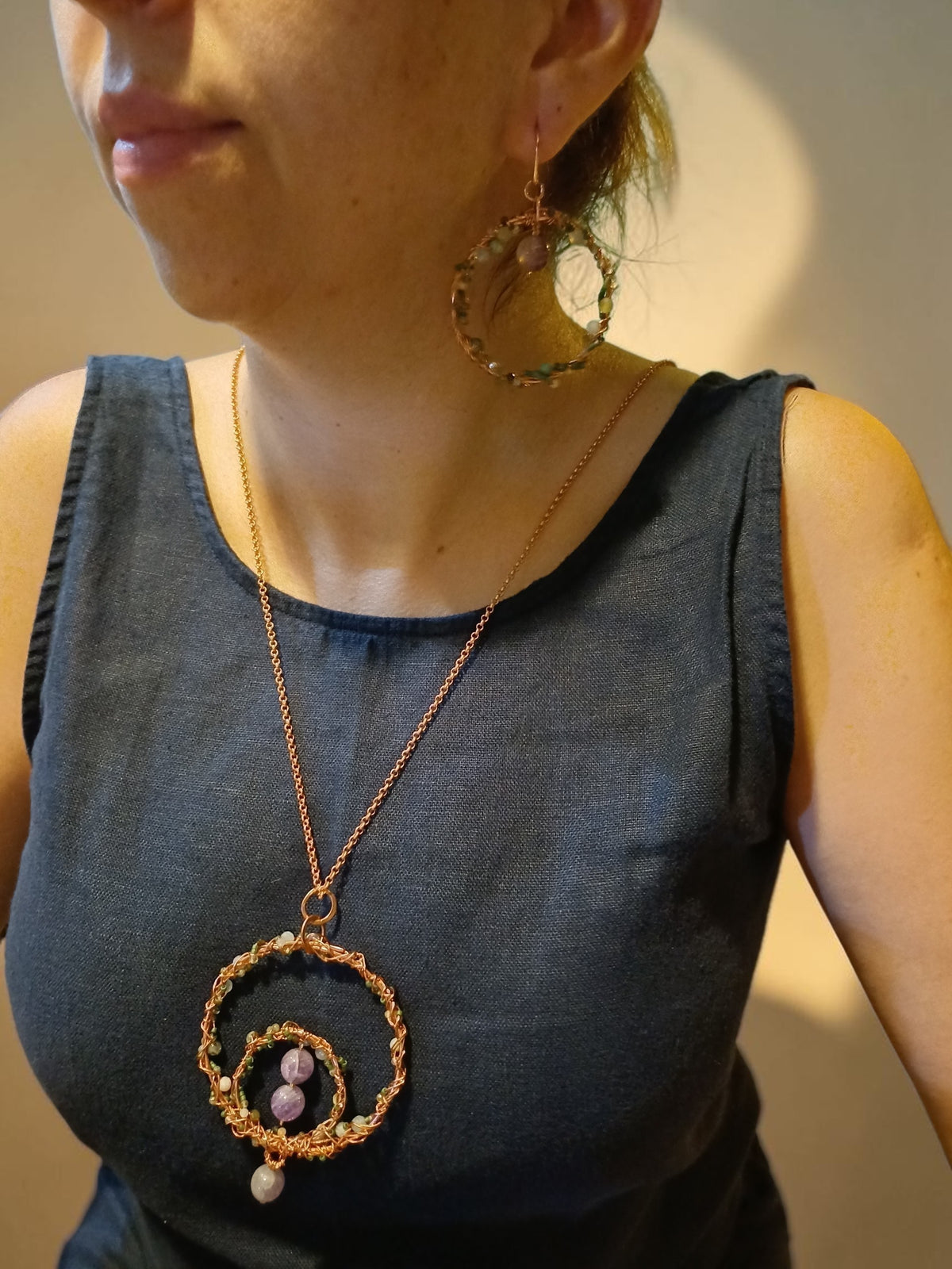 Handmade Copper Necklace & Earrings Set – Green Agate & Amethyst