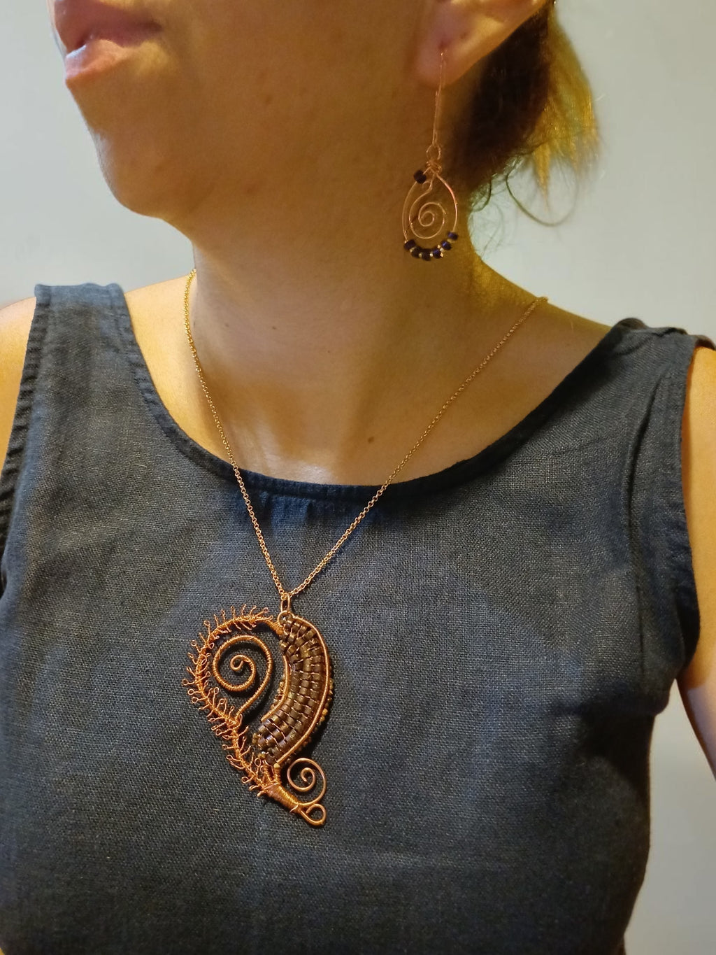 Handmade Copper Jewelry Set – Purple Spiral Hematite & Agate, Statement Necklace & Earrings