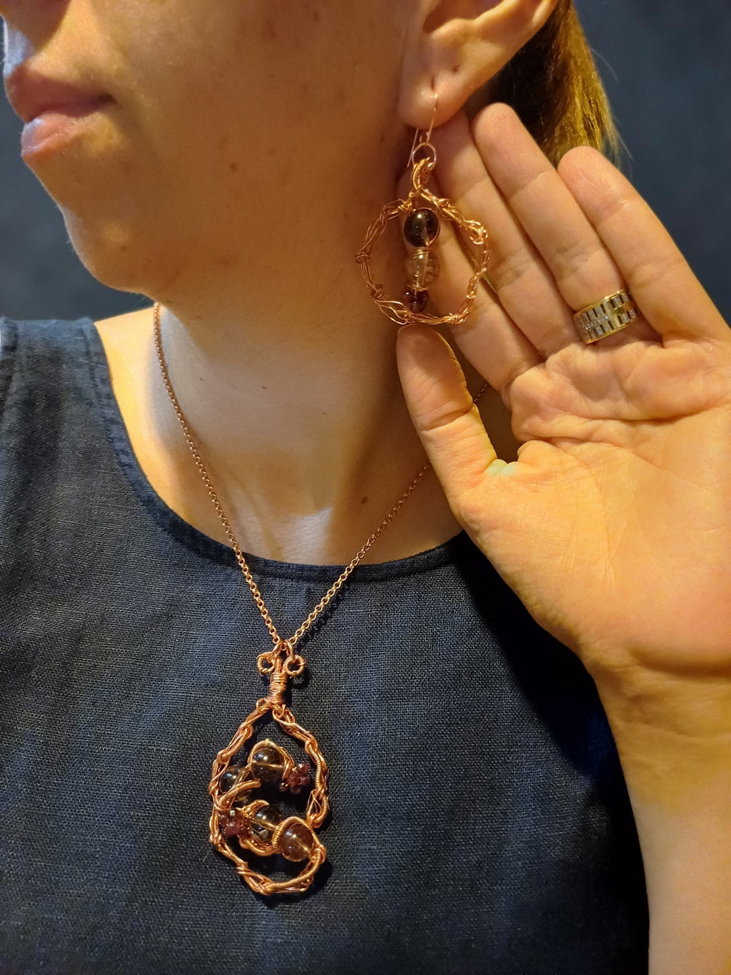 Handmade Copper & Smoky Quartz Jewelry Set – Geometric Necklace, Bracelet & Earrings