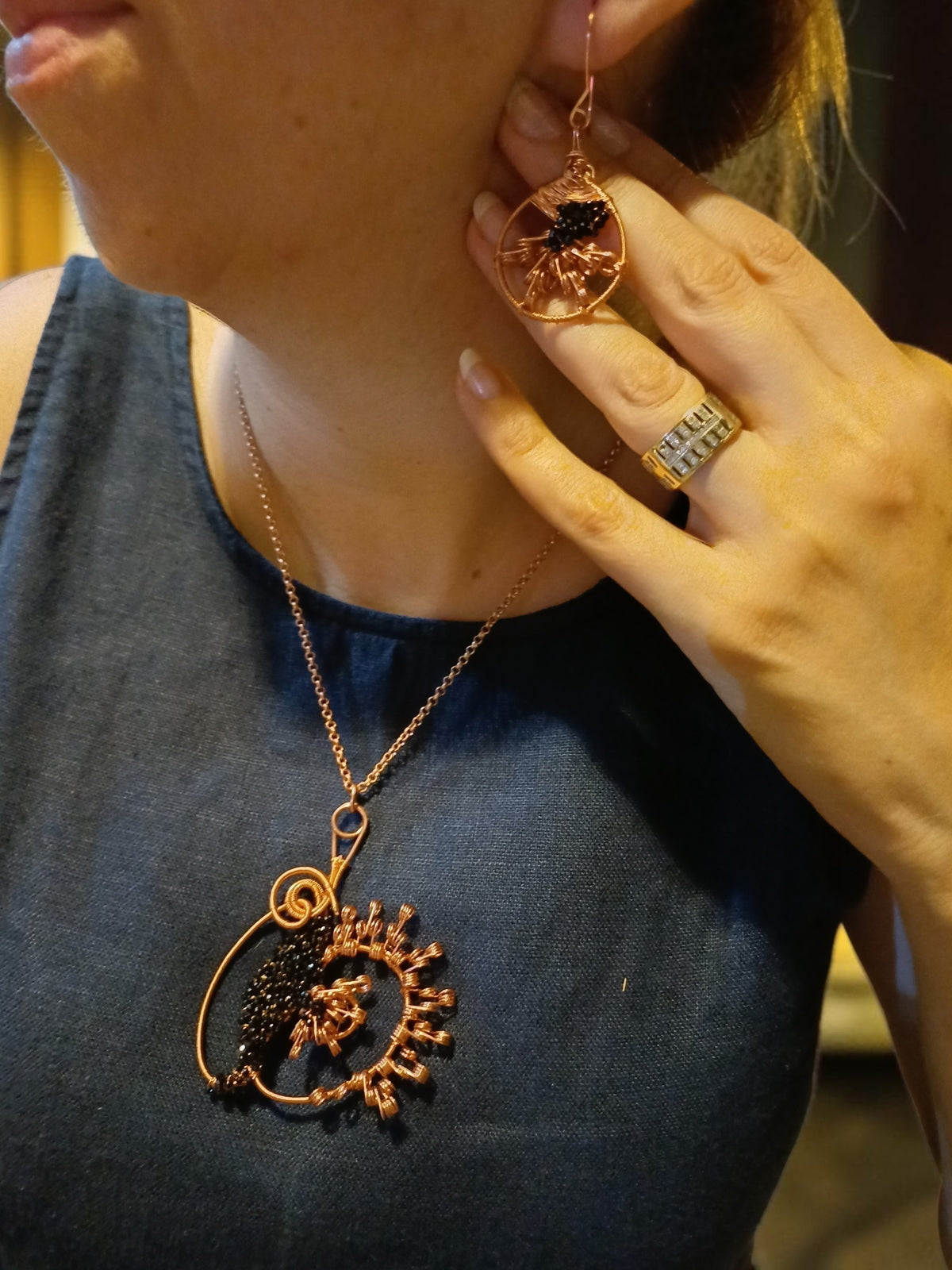 Handmade Copper & Black Miyuki Bead Jewelry Set – Wire Wrapped Necklace & Earrings