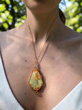 Handmade Seashell & Copper Wire Necklace – Crystal Beads, Copper Leaf, Ocean-Inspired Artisan Jewelry
