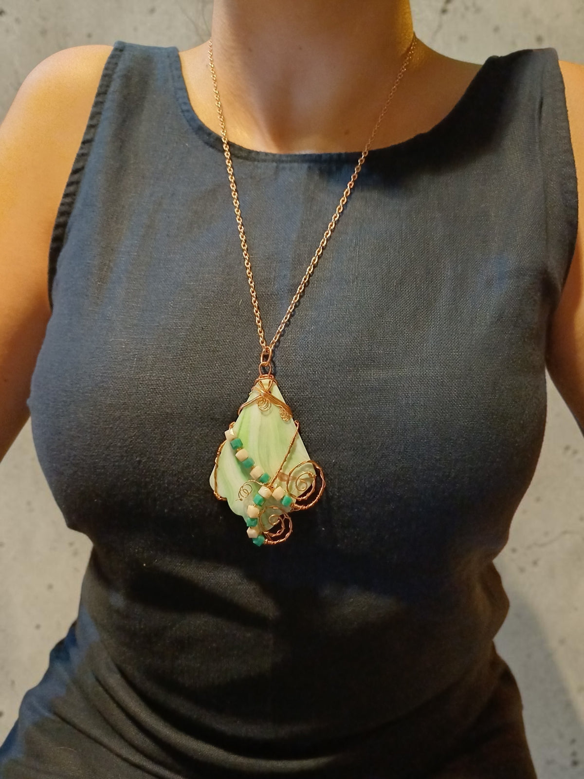 Handmade Seashell & Copper Wire Necklace – Crystal Beads, Ocean-Inspired Boho Jewelry