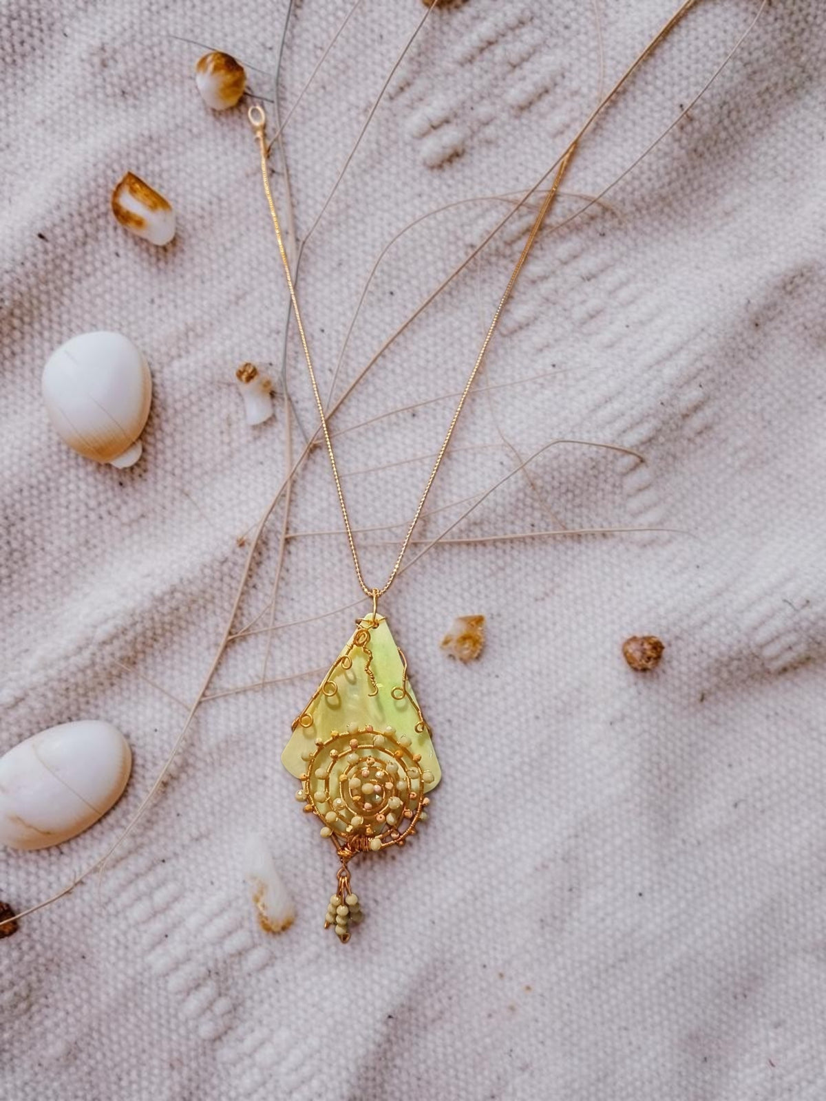 Handmade Seashell & Copper Wire Necklace – Crystal Bead Accents, Ocean-Inspired Artisan Jewelry