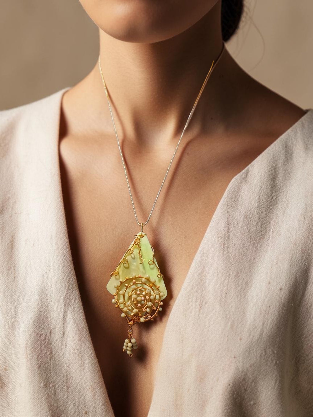 Handmade Seashell & Copper Wire Necklace – Crystal Bead Accents, Ocean-Inspired Artisan Jewelry