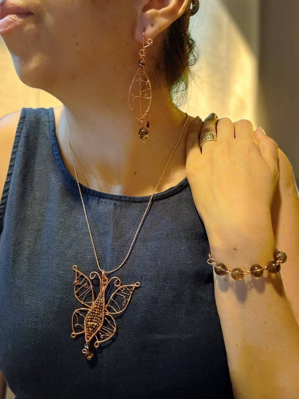 Copper Wire Butterfly Jewelry Set – Smoky Quartz & Agate