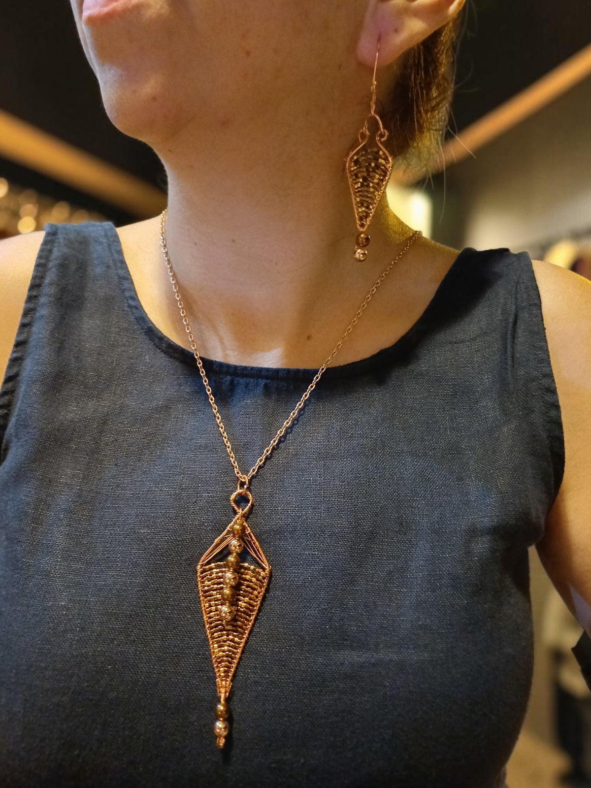 Handmade Copper Jewelry Set – Miyuki Seed Beads & Hematite, Geometric Necklace & Earrings