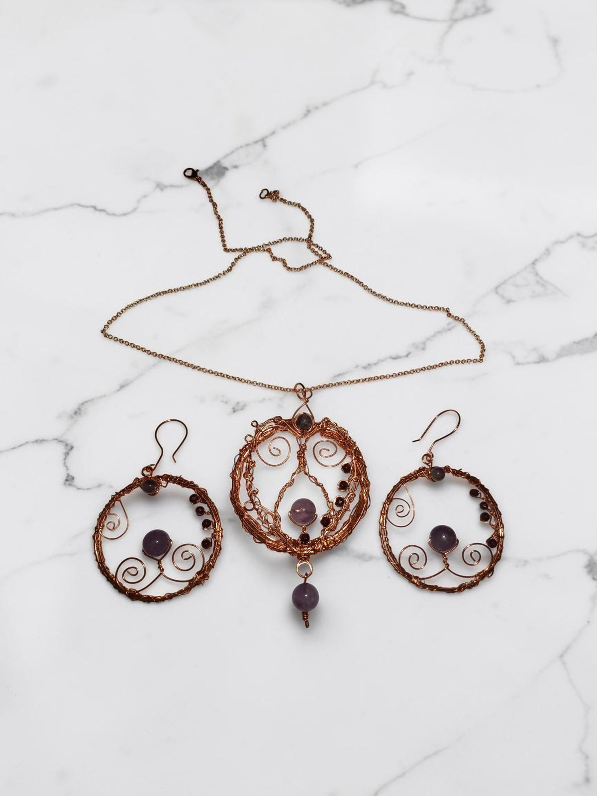 Handmade Amethyst & Agate Copper Wire Jewelry Set