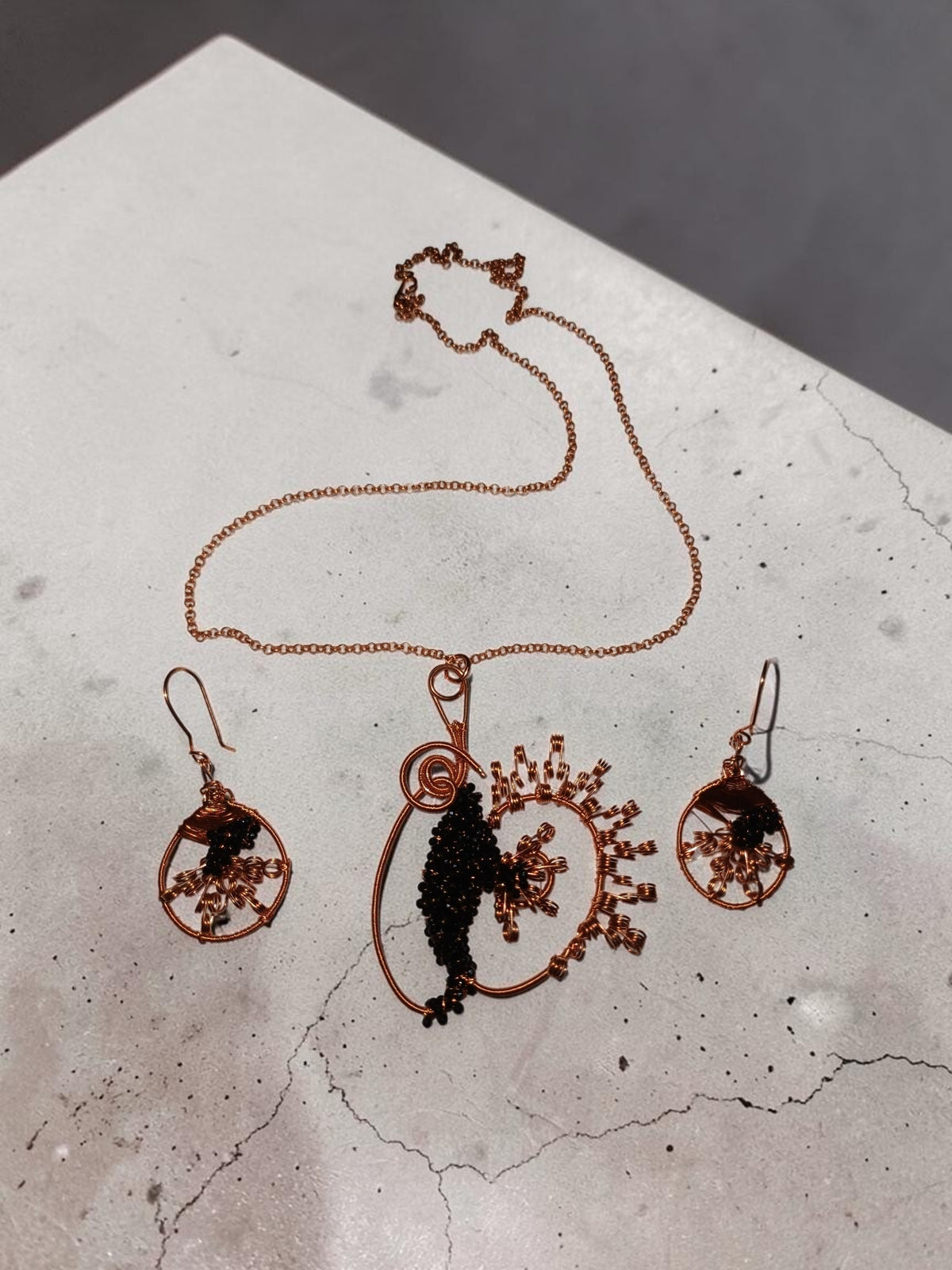 Handmade Copper & Black Miyuki Bead Jewelry Set – Wire Wrapped Necklace & Earrings