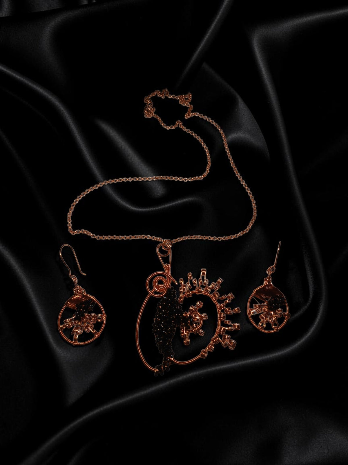 Handmade Copper & Black Miyuki Bead Jewelry Set – Wire Wrapped Necklace & Earrings
