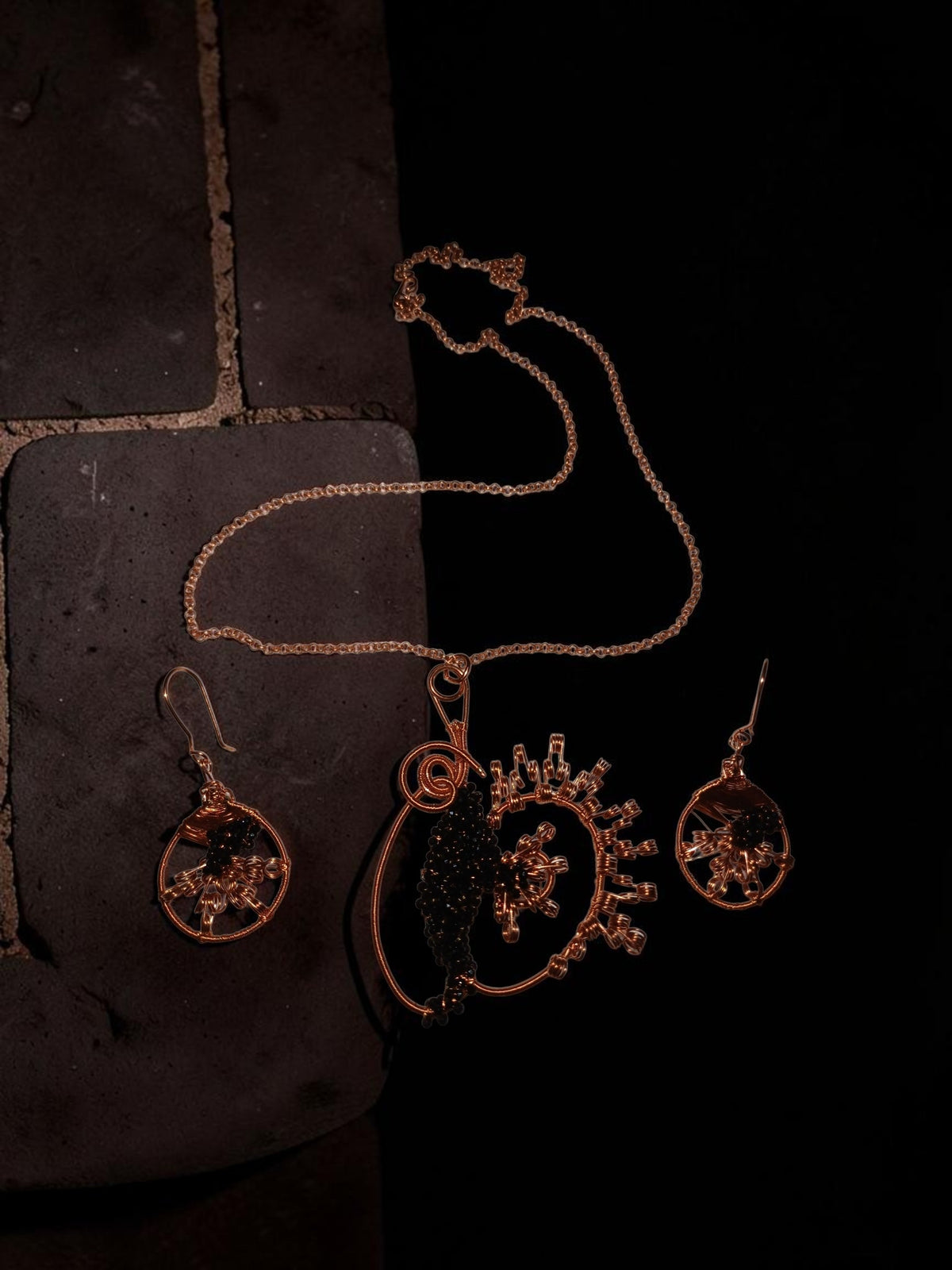 Handmade Copper & Black Miyuki Bead Jewelry Set – Wire Wrapped Necklace & Earrings