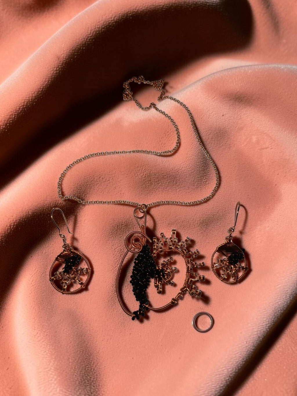 Handmade Copper & Black Miyuki Bead Jewelry Set – Wire Wrapped Necklace & Earrings