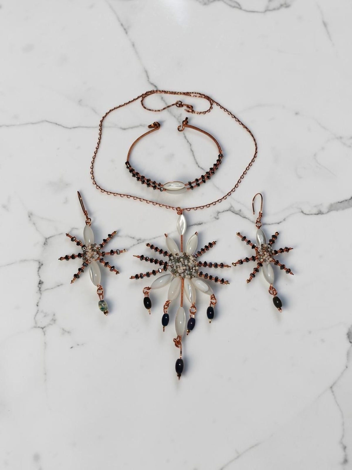 Handmade Copper Jewelry Set – Star Design with Mother-of-Pearl, Hematite & Agate