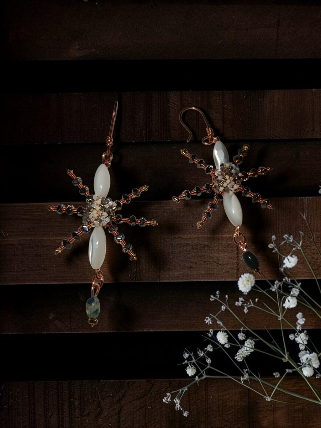 Handmade Copper Jewelry Set – Star Design with Mother-of-Pearl, Hematite & Agate