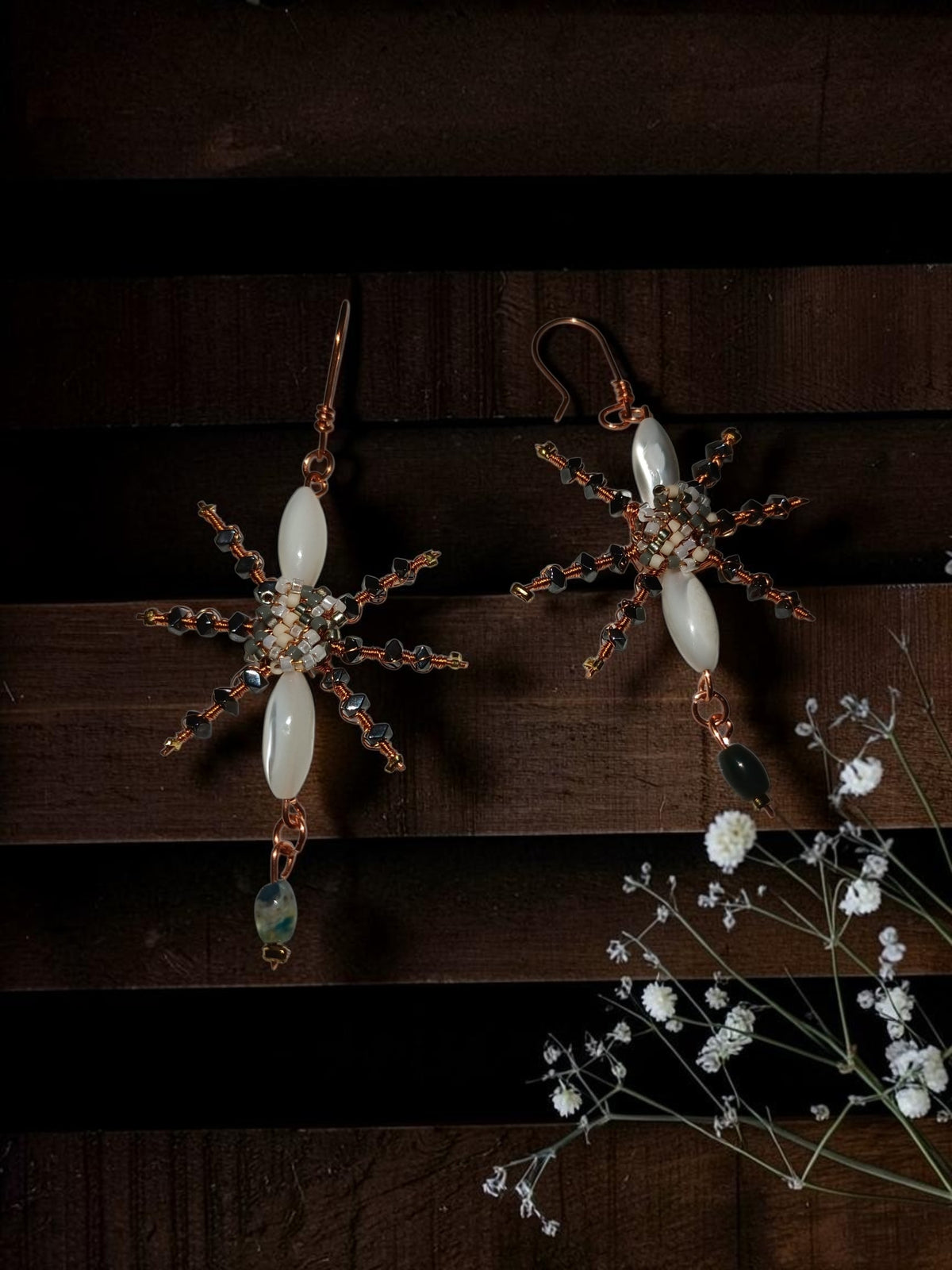 Handmade Copper Jewelry Set – Star Design with Mother-of-Pearl, Hematite & Agate