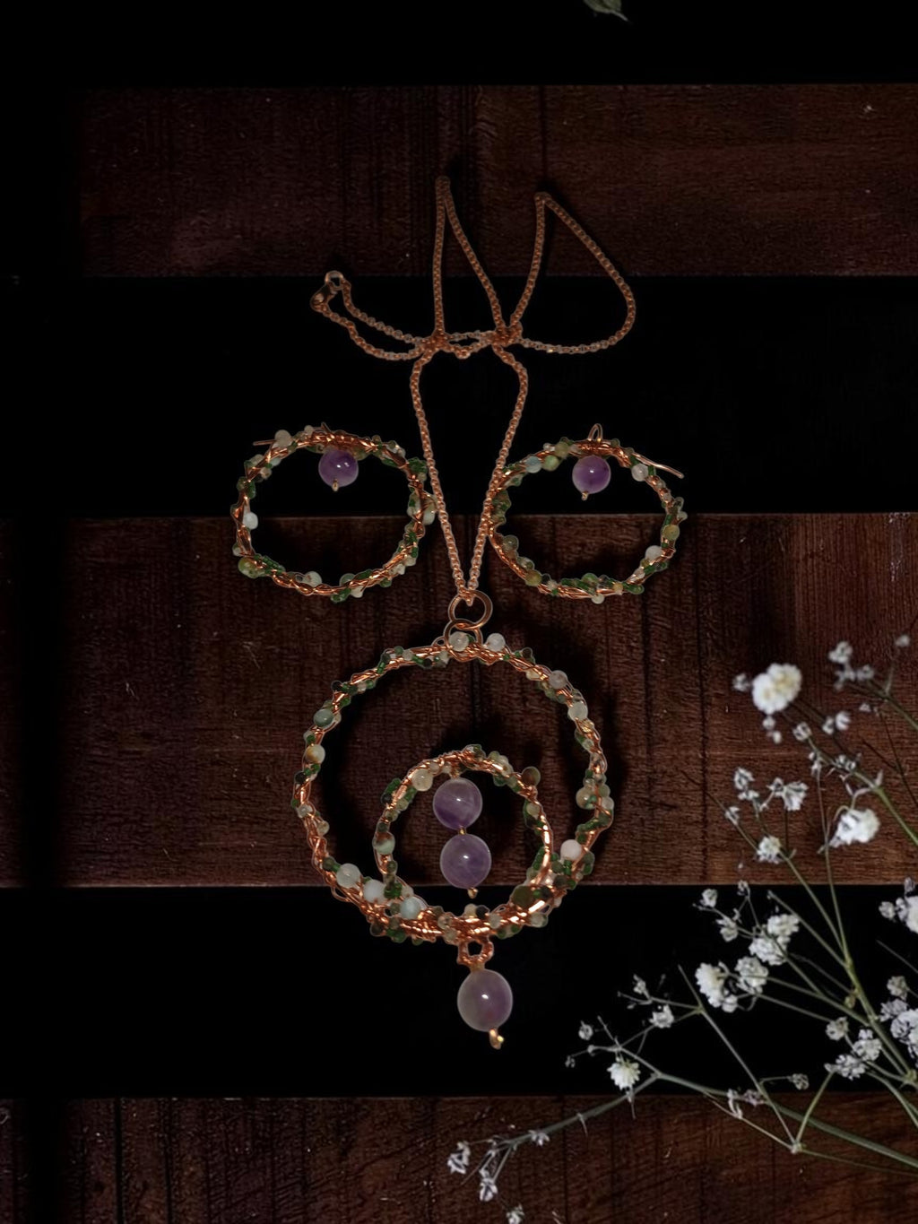 Handmade Copper Necklace & Earrings Set – Green Agate & Amethyst