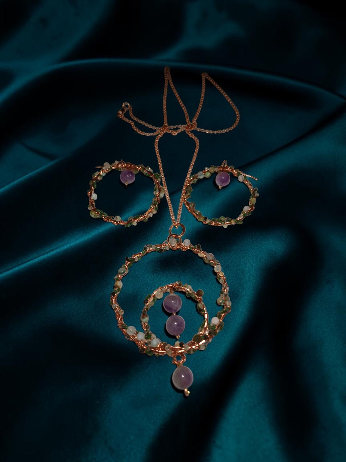 Handmade Copper Necklace & Earrings Set – Green Agate & Amethyst