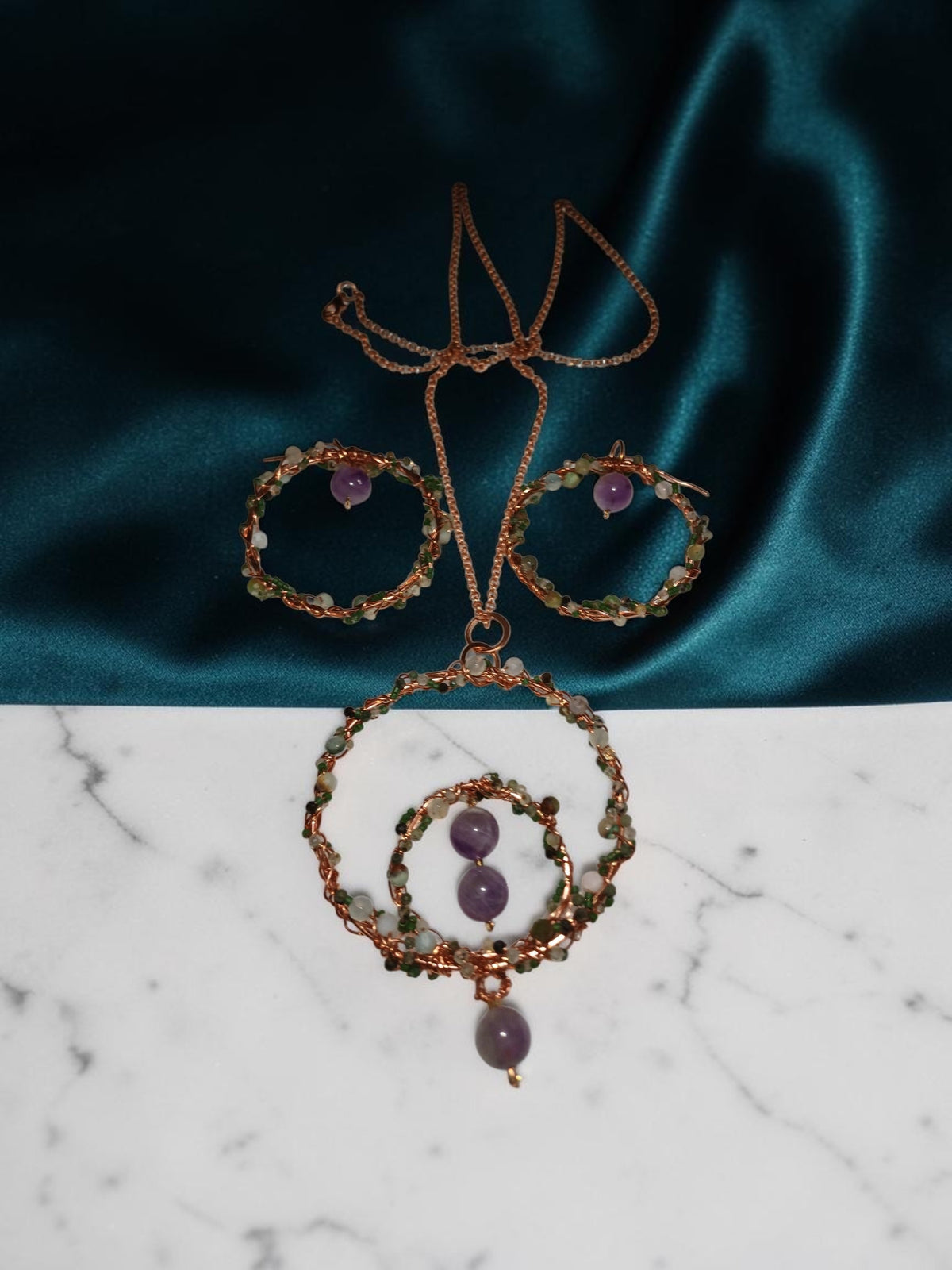 Handmade Copper Necklace & Earrings Set – Green Agate & Amethyst