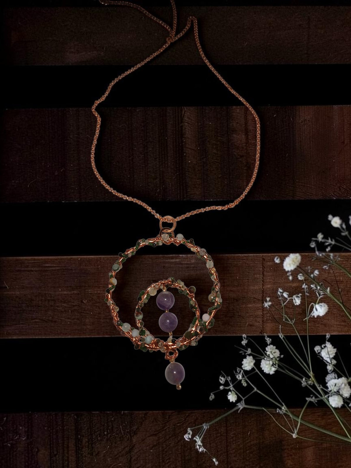 Handmade Copper Necklace & Earrings Set – Green Agate & Amethyst