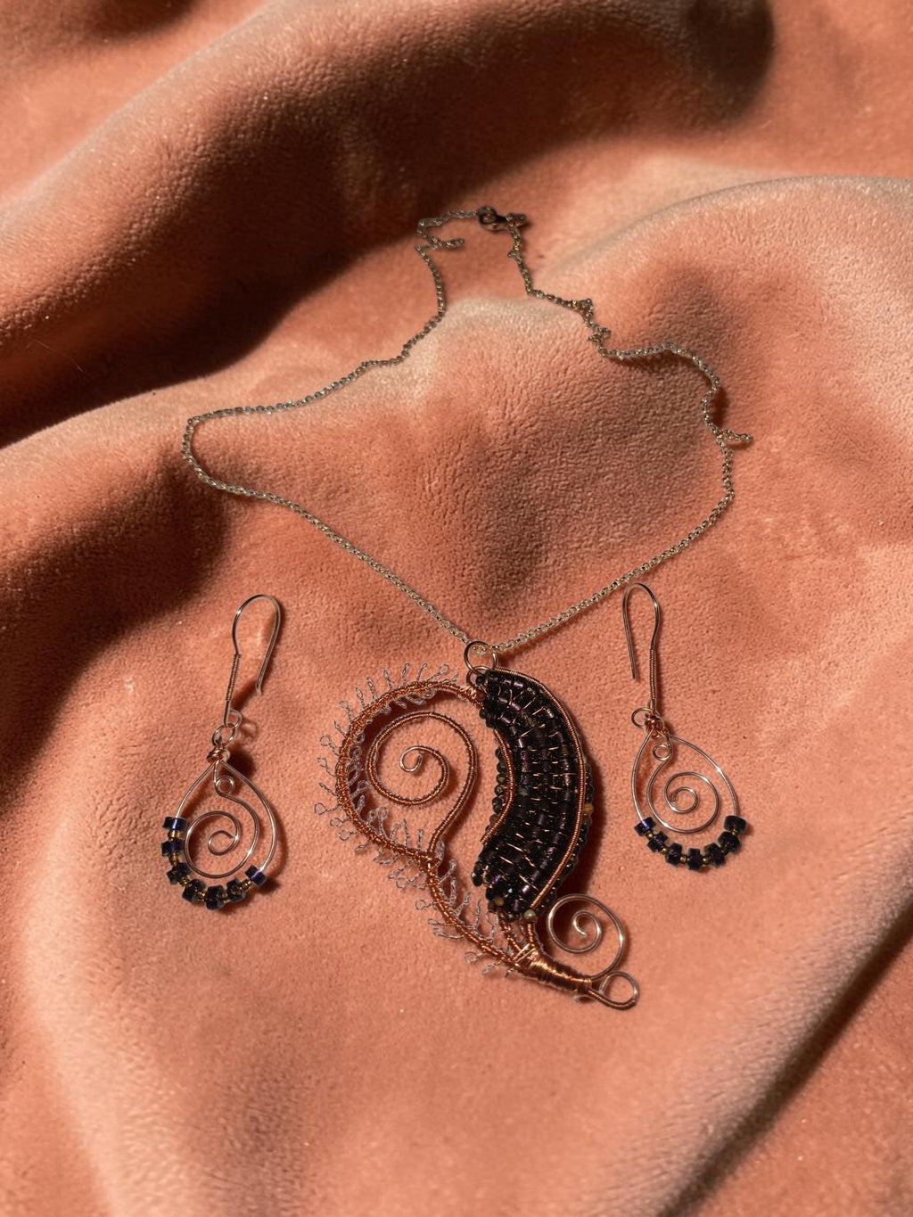 Handmade Copper Jewelry Set – Purple Spiral Hematite & Agate, Statement Necklace & Earrings