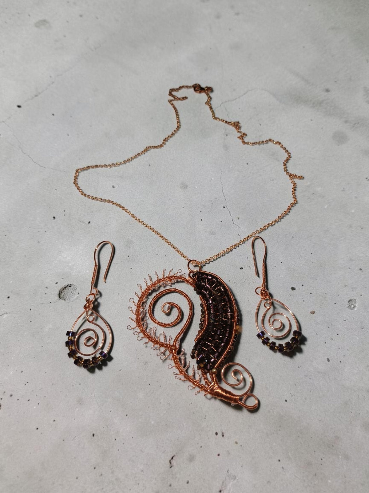 Handmade Copper Jewelry Set – Purple Spiral Hematite & Agate, Statement Necklace & Earrings