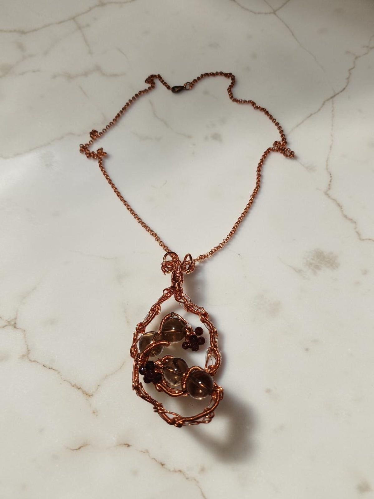 Handmade Copper & Smoky Quartz Jewelry Set – Geometric Necklace, Bracelet & Earrings