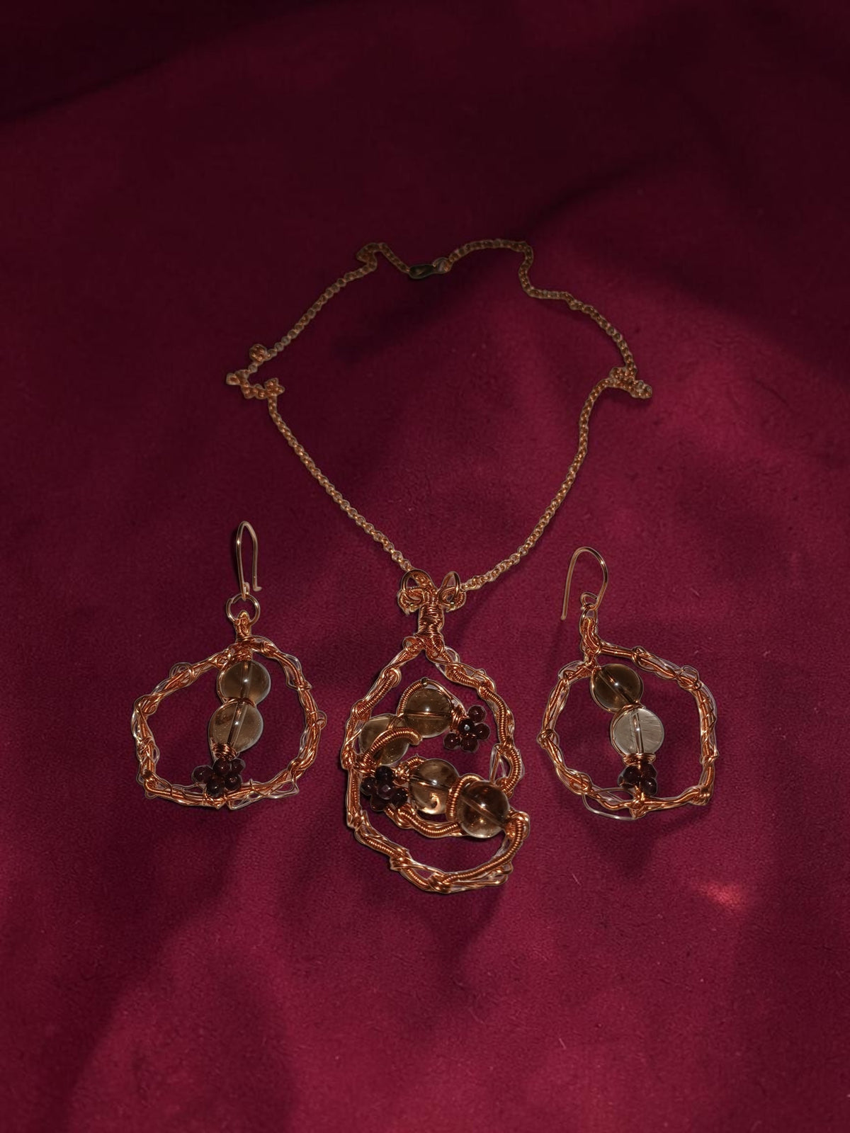 Handmade Copper & Smoky Quartz Jewelry Set – Geometric Necklace, Bracelet & Earrings