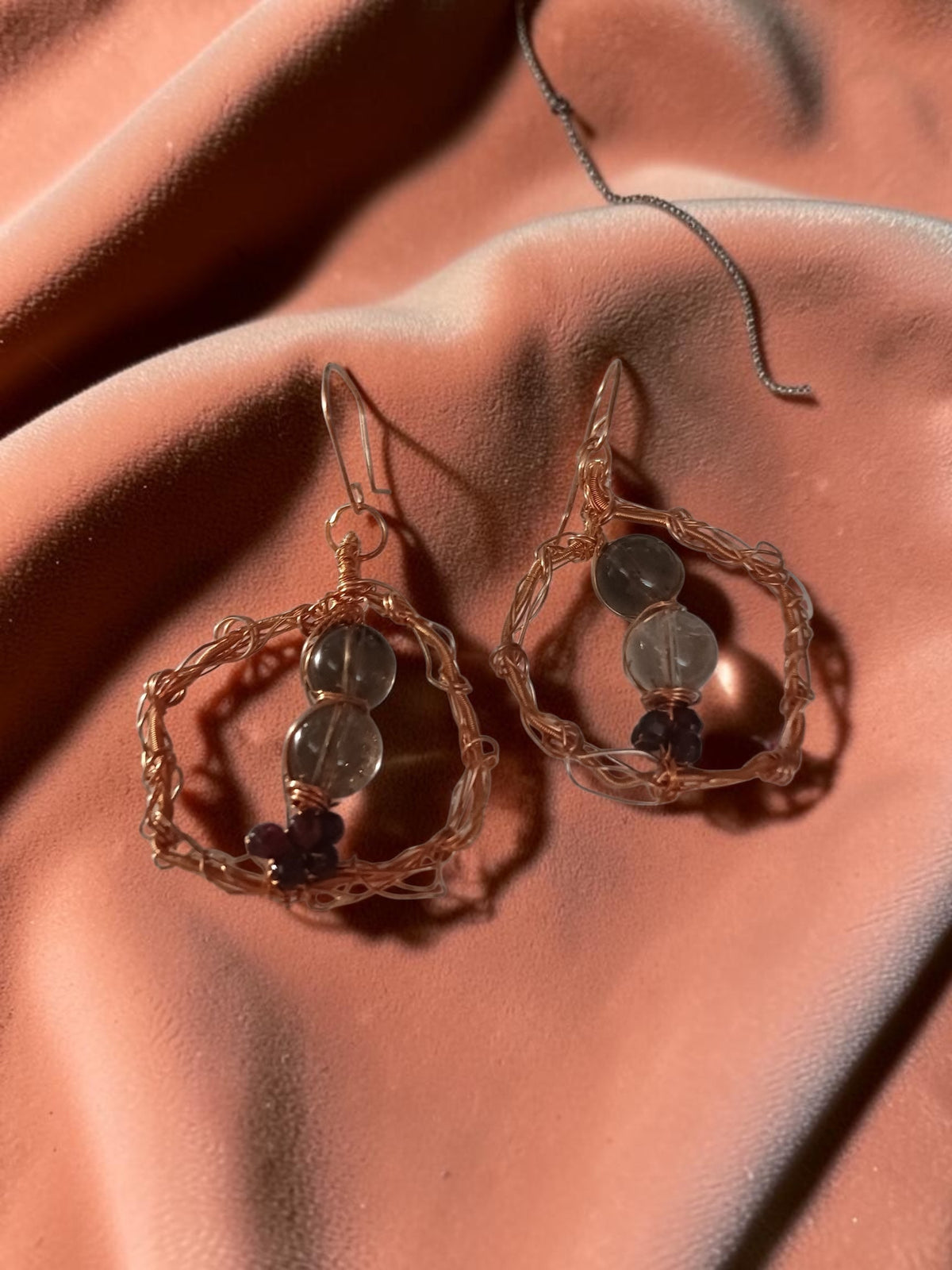 Handmade Copper & Smoky Quartz Jewelry Set – Geometric Necklace, Bracelet & Earrings
