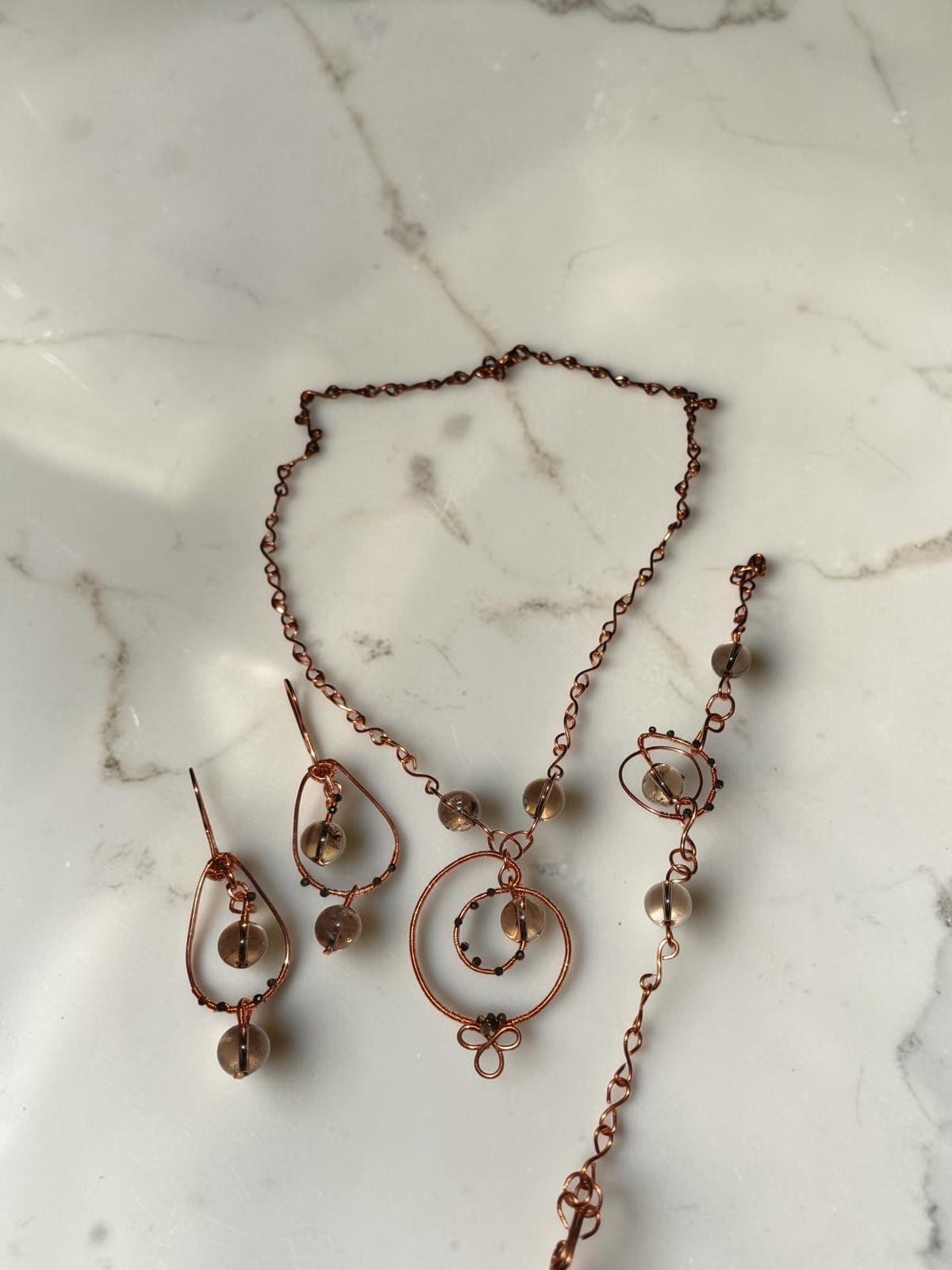 Handmade Copper & Smoky Quartz Jewelry Set – Organic Wire Wrapped Statement Necklace & Earrings
