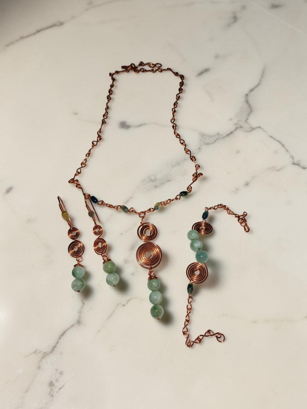 Handmade Copper Spiral Jewelry Set – Aquamarine & Agate (3-Piece)