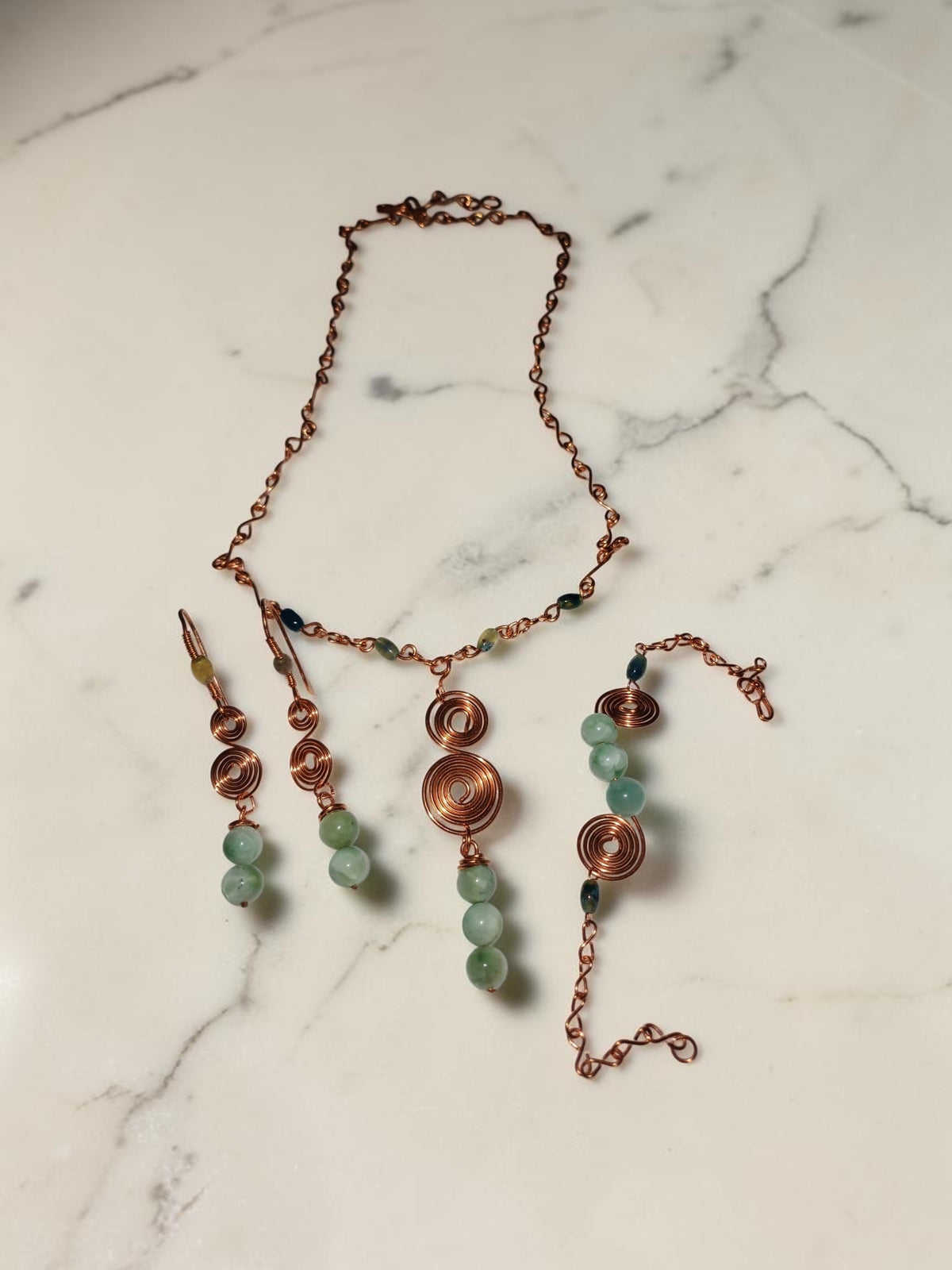 Handmade Copper Spiral Jewelry Set – Aquamarine & Agate (3-Piece)