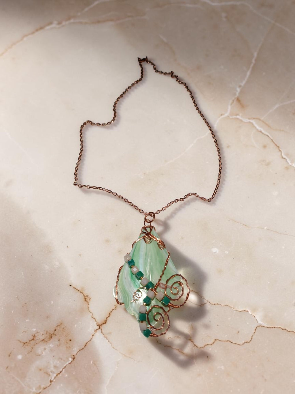 Handmade Seashell & Copper Wire Necklace – Crystal Beads, Ocean-Inspired Boho Jewelry