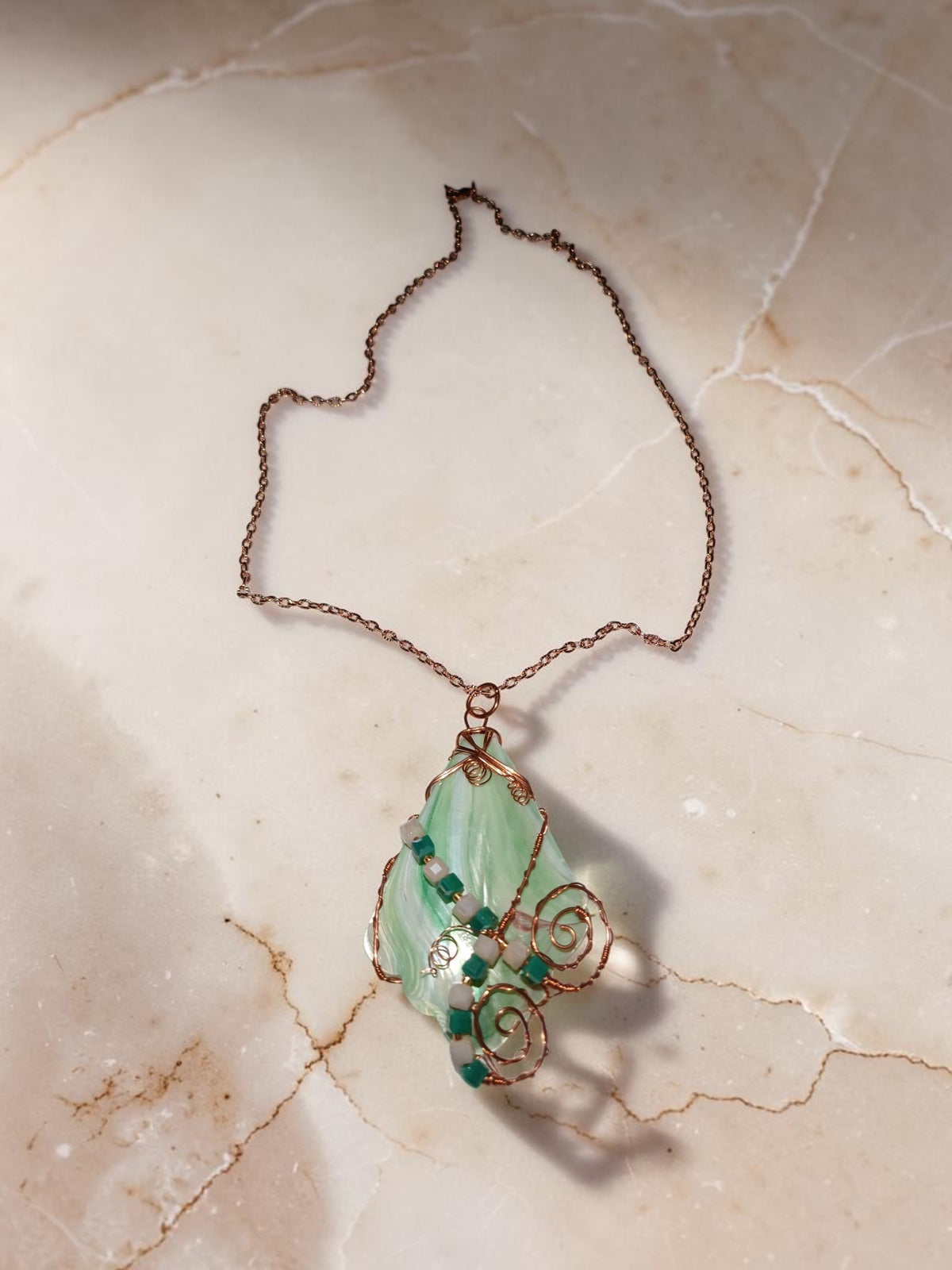 Handmade Seashell & Copper Wire Necklace – Crystal Beads, Ocean-Inspired Boho Jewelry