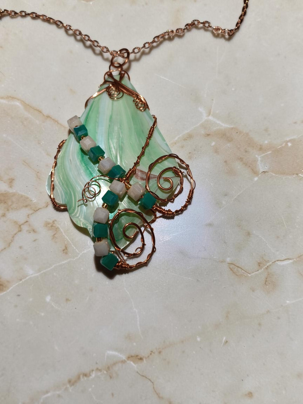 Handmade Seashell & Copper Wire Necklace – Crystal Beads, Ocean-Inspired Boho Jewelry