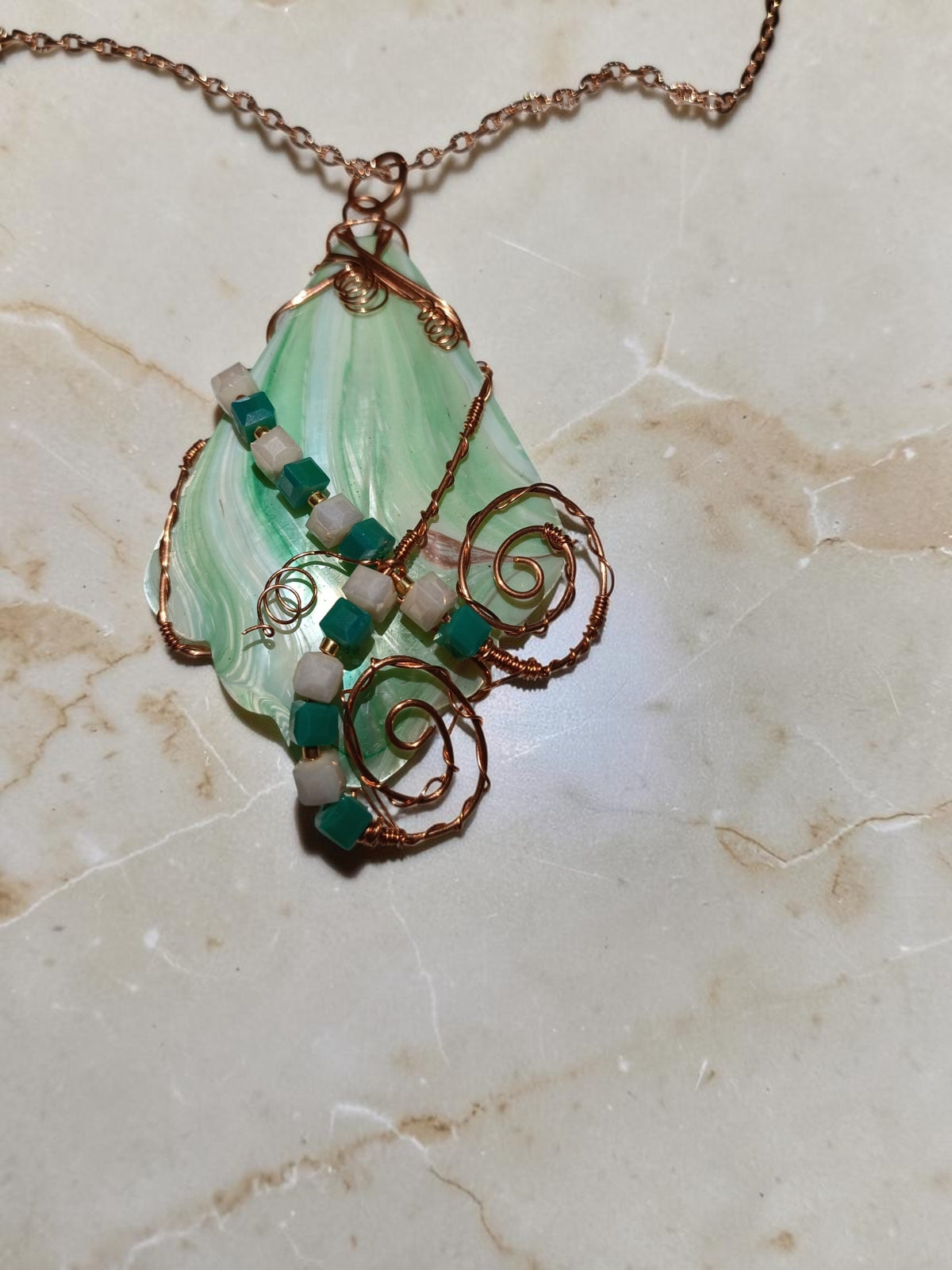 Handmade Seashell & Copper Wire Necklace – Crystal Beads, Ocean-Inspired Boho Jewelry