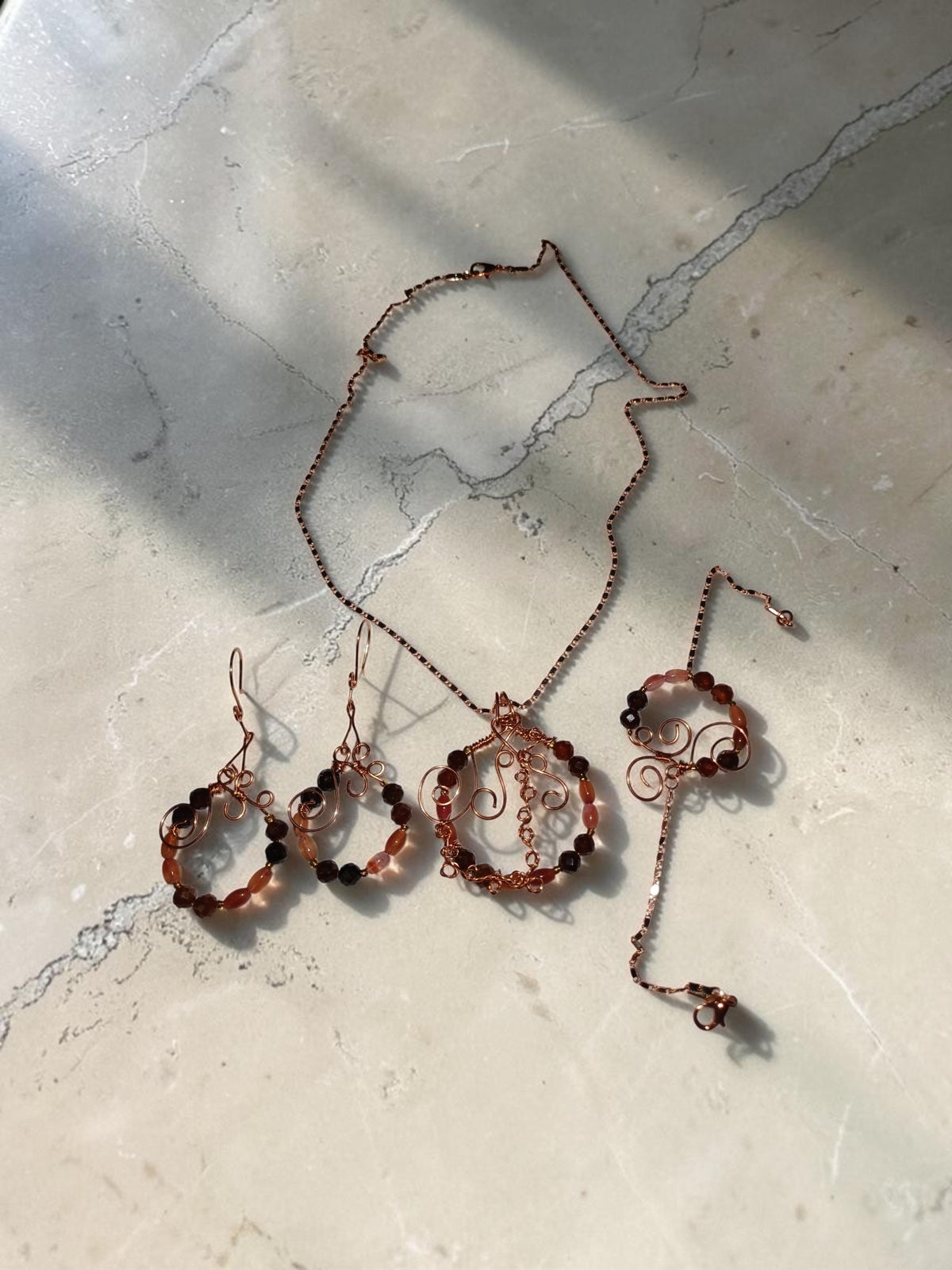 Handmade Copper Jewelry Set – Natural Garnet & Agate, Wire Wrapped Necklace, Bracelet & Earrings