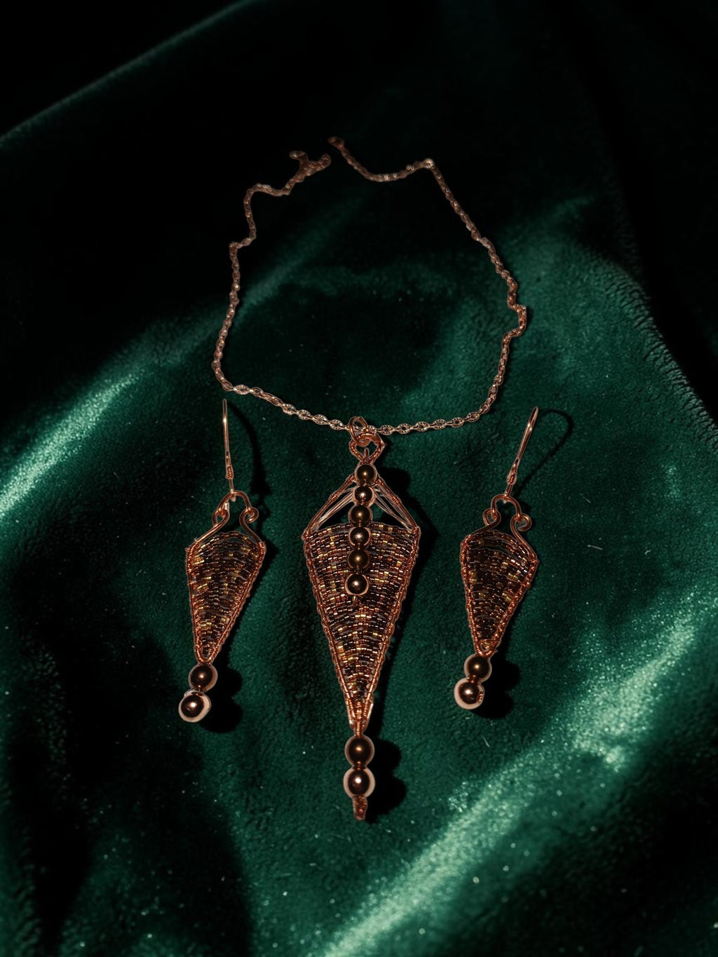Handmade Copper Jewelry Set – Miyuki Seed Beads & Hematite, Geometric Necklace & Earrings