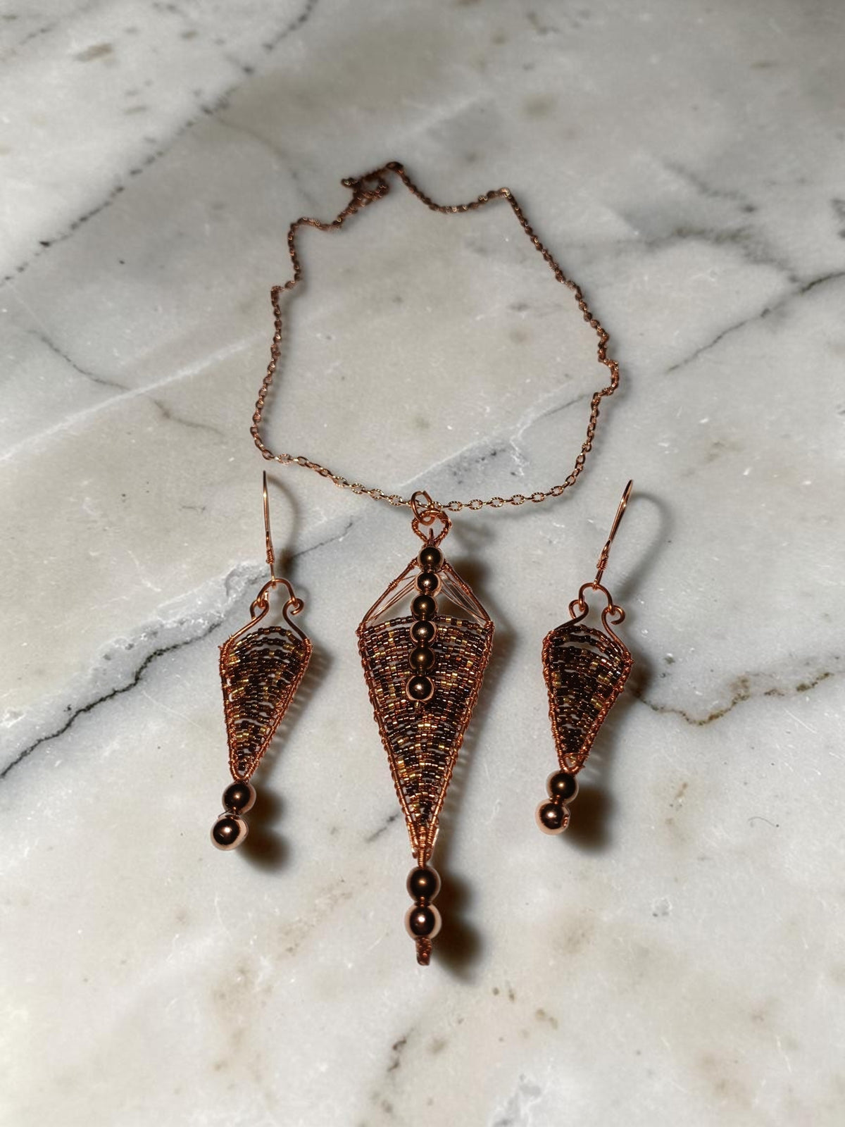 Handmade Copper Jewelry Set – Miyuki Seed Beads & Hematite, Geometric Necklace & Earrings