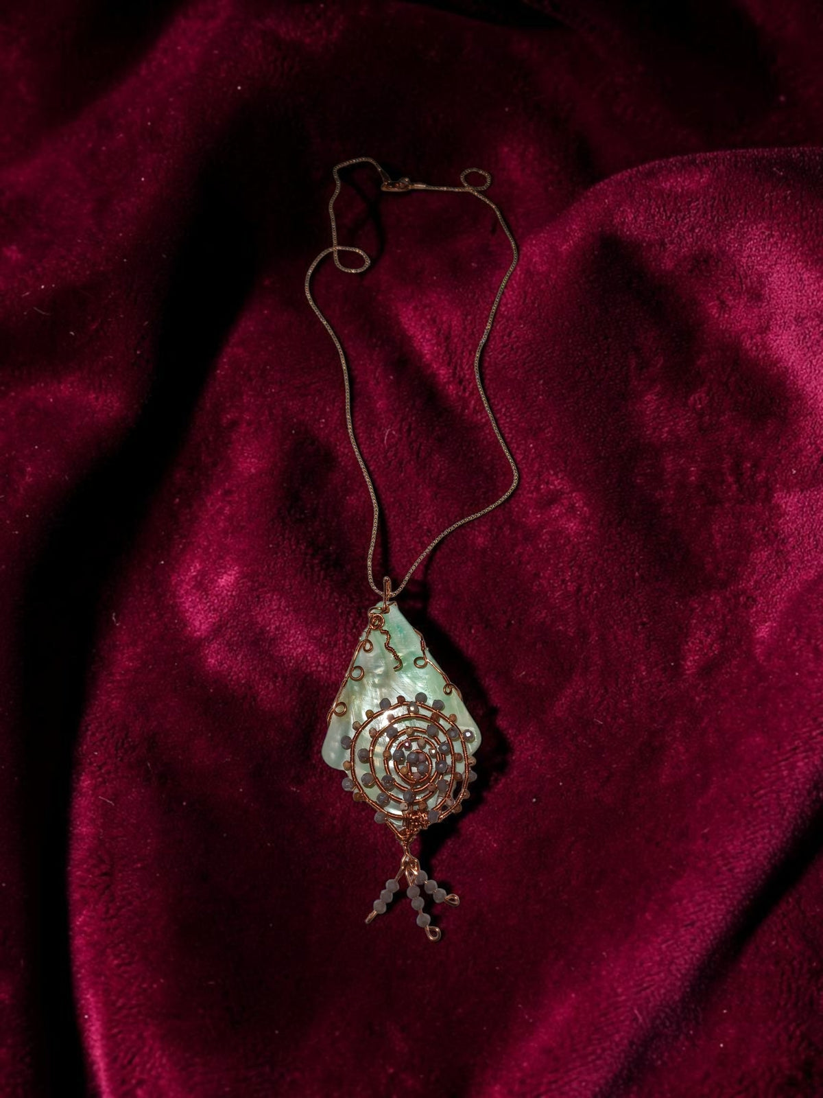 Handmade Seashell & Copper Wire Necklace – Crystal Bead Accents, Ocean-Inspired Artisan Jewelry