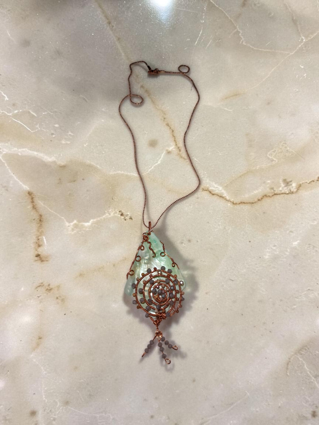 Handmade Seashell & Copper Wire Necklace – Crystal Bead Accents, Ocean-Inspired Artisan Jewelry