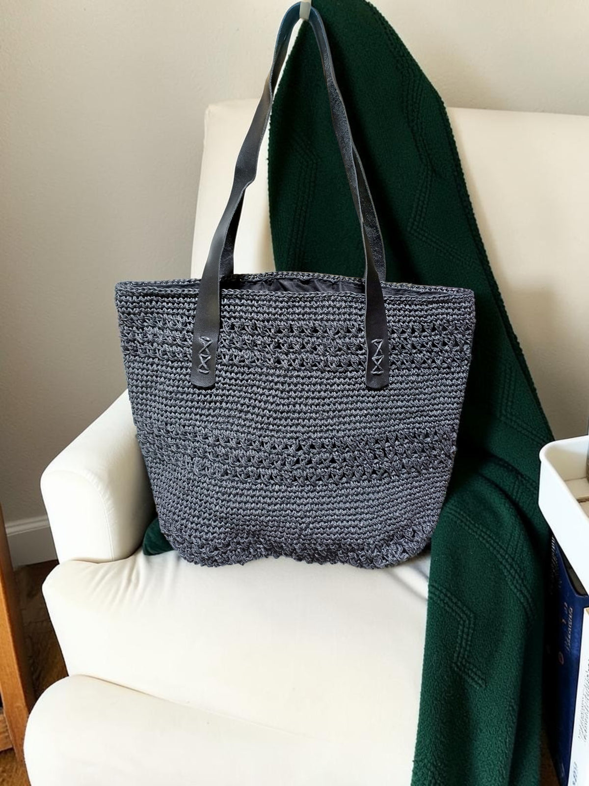 Handmade Black Paper Yarn Tote Bag – Woven Crochet Texture, Lined Interior