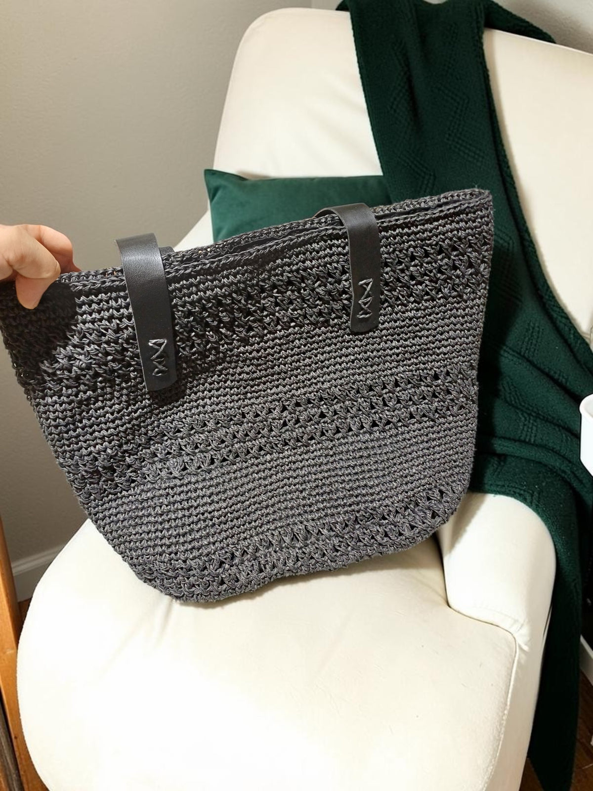 Handmade Black Paper Yarn Tote Bag – Woven Crochet Texture, Lined Interior