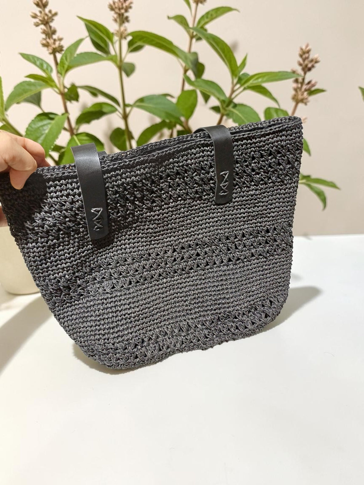 Handmade Black Paper Yarn Tote Bag – Woven Crochet Texture, Lined Interior