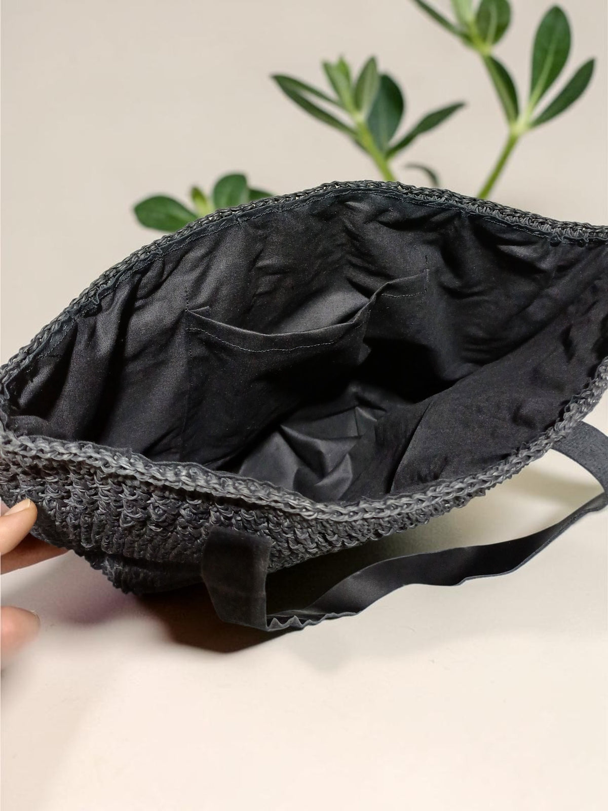 Handmade Black Paper Yarn Tote Bag – Woven Crochet Texture, Lined Interior