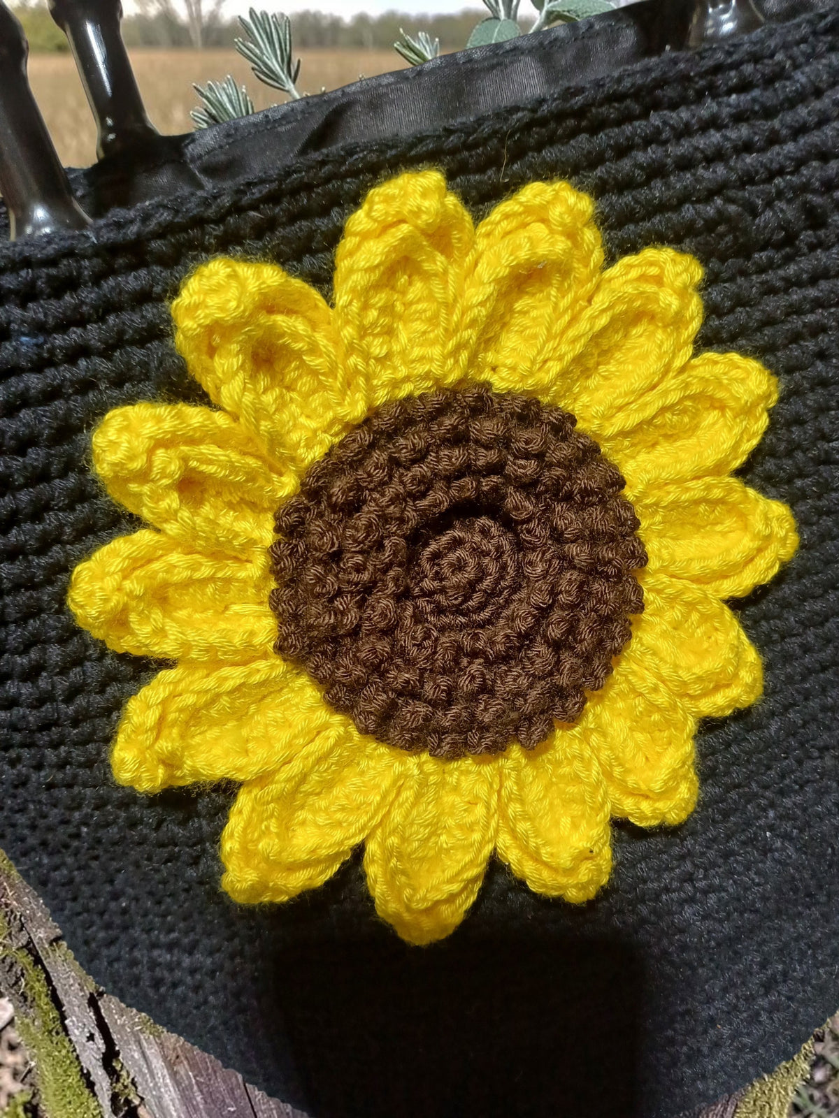 Handmade Crochet Sunflower Bag – Black Cotton Macrame Yarn, Floral Motif Handbag