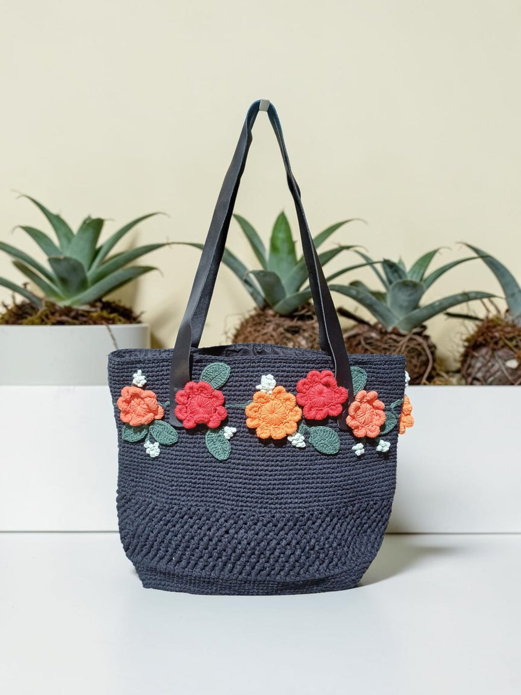 Handmade Black Floral Crochet Tote Bag – Colorful Flower Motifs, Faux Leather Handles, Lined Interior